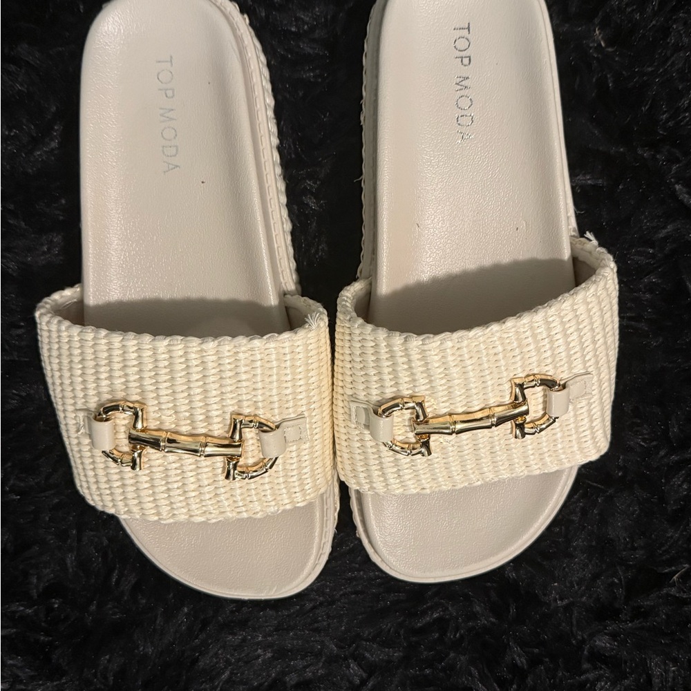 Fashion Nova Cream and Gold Slide Sandals with Horsebit Detail